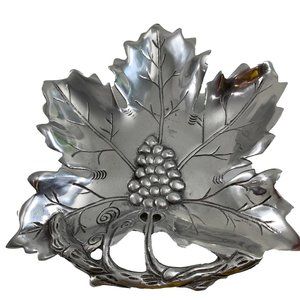 Eurocraft Metal Leaf Shaped Bowl Tray Silver Colored Grape Cluster Pattern VTG